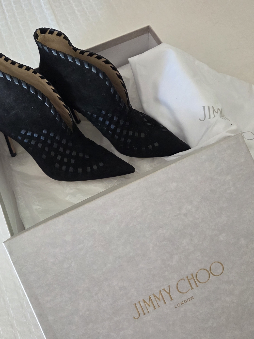 Jimmy Choo Black Laser-Cut Pointed Suede Ankle Booties
